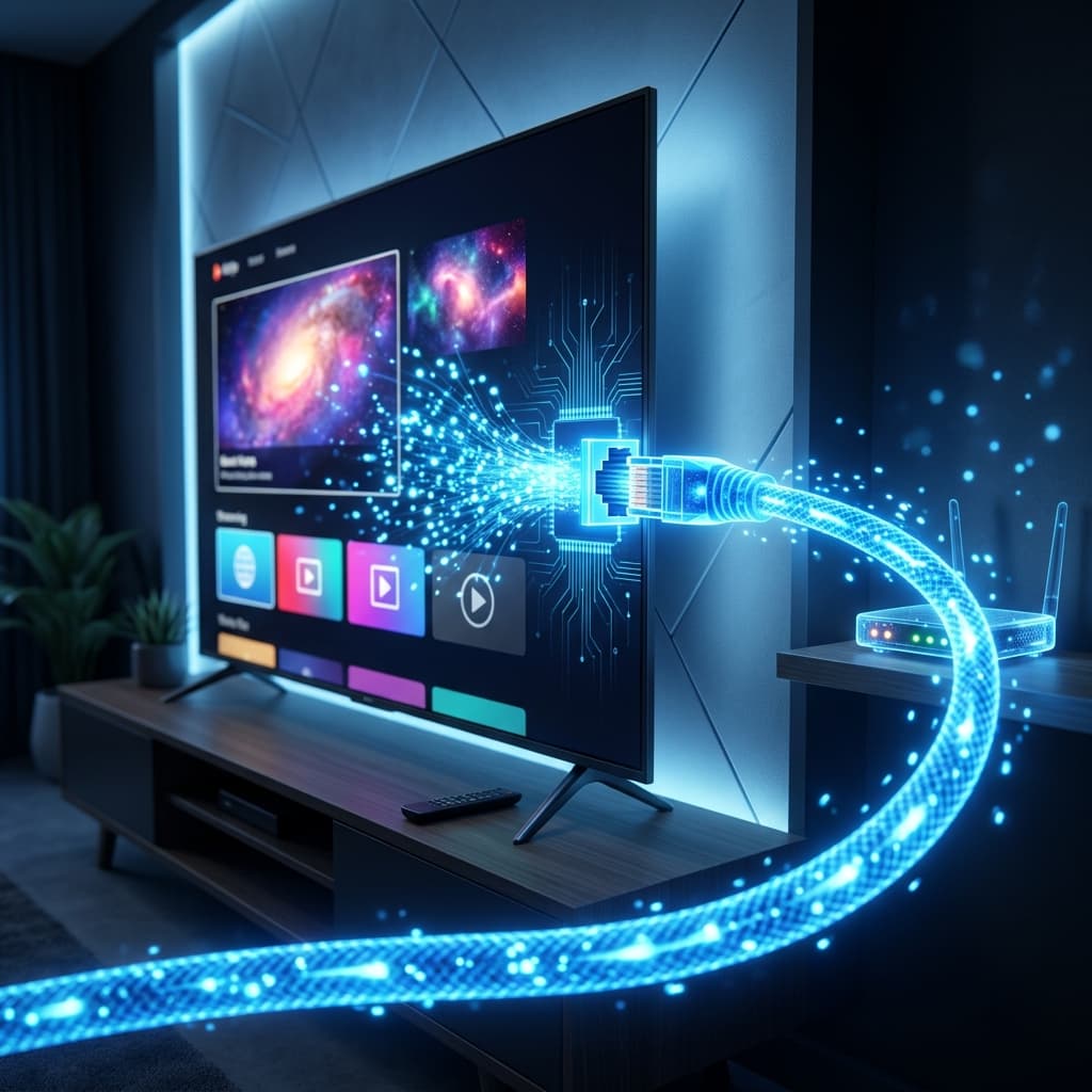 Modern living room with a large smart TV streaming IPTV content
